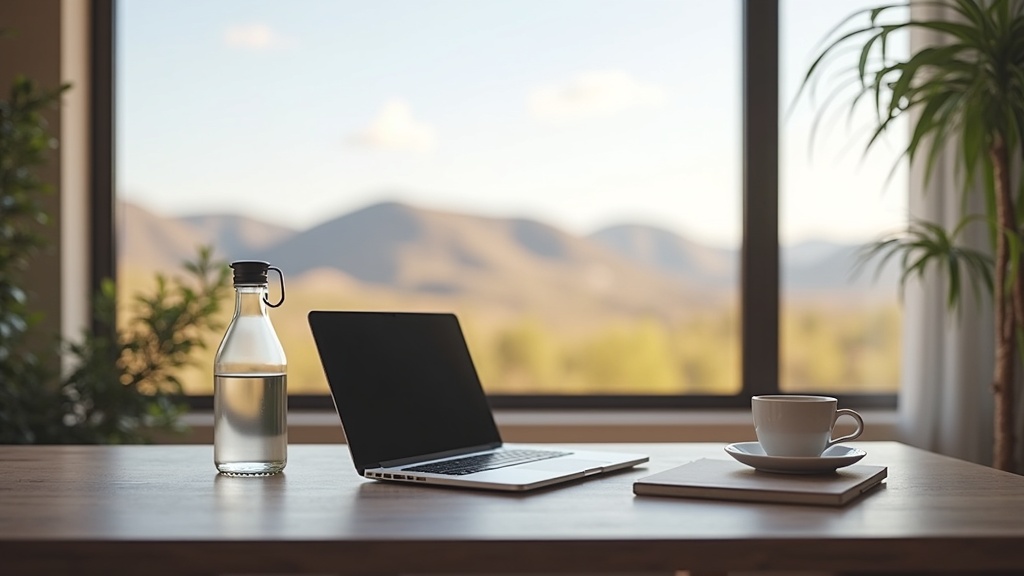 Clean home office desk with water glass and laptop