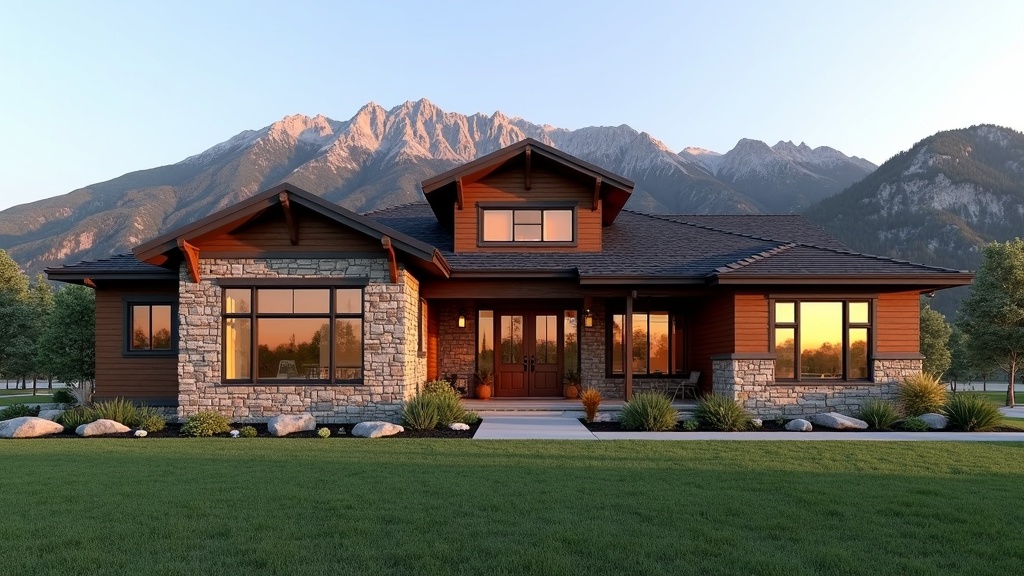 Luxury custom home exterior in Treasure Valley Idaho with stone accents and mountain backdrop