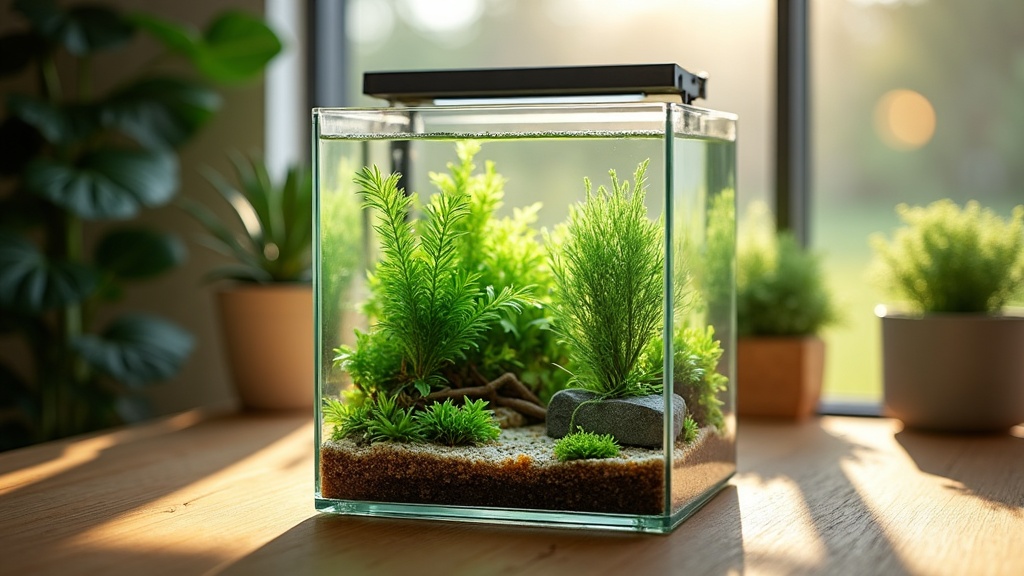 Small planted nano aquarium with green aquatic plants and cherry shrimp on a wooden desk in a Meridian Idaho home