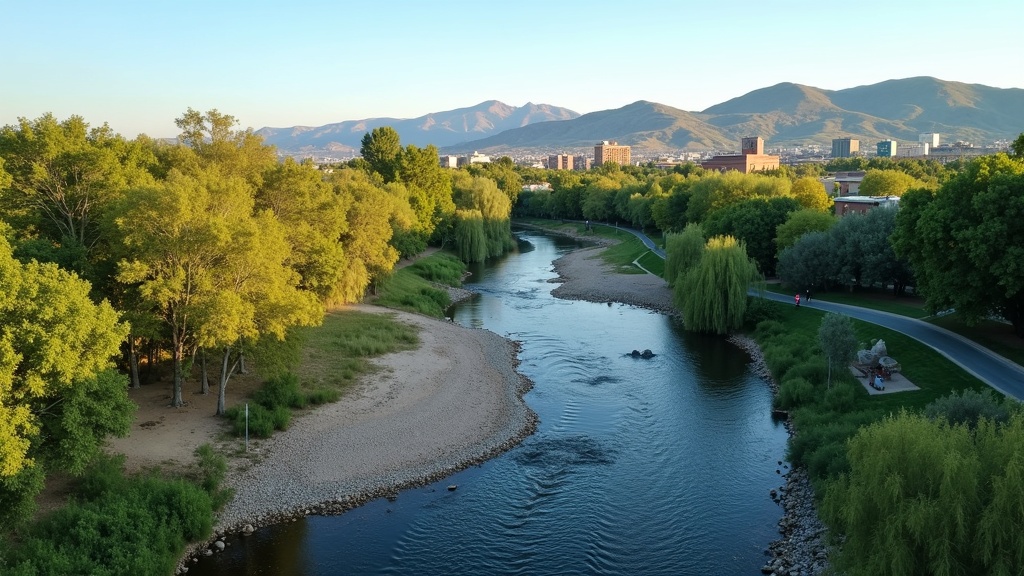 Boise River at low water levels in 2026 showing exposed rocky riverbed