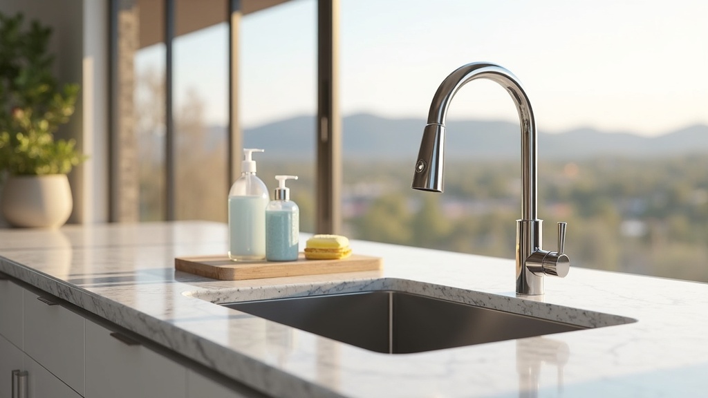 Mineral scale on kitchen faucet next to dish soap in a Boise Idaho home