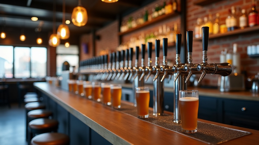 Craft beer taps at a Boise Idaho brewery with gleaming stainless handles