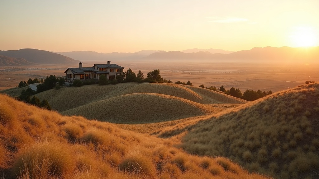 Rolling Eagle Idaho foothills at golden hour with custom home rooftops and Treasure Valley below