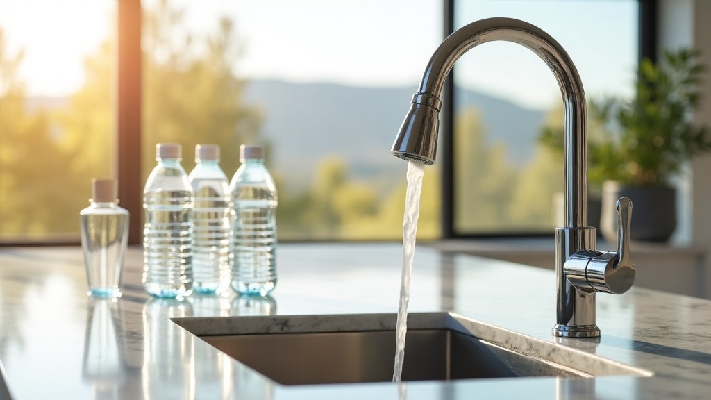 Empty plastic single-use water bottles beside a gleaming chrome kitchen faucet on marble countertop, Boise Idaho morning light