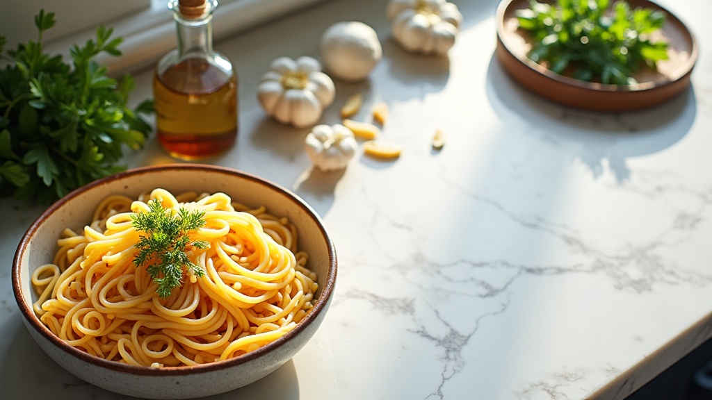 Artisan pasta ingredients on marble kitchen counter with herbs and olive oil