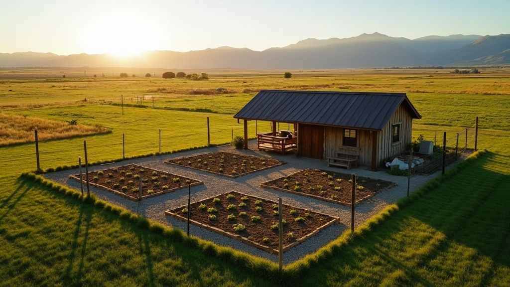 Empty modern chicken coop interior with natural light, wooden nesting boxes, Idaho farm setting, no people