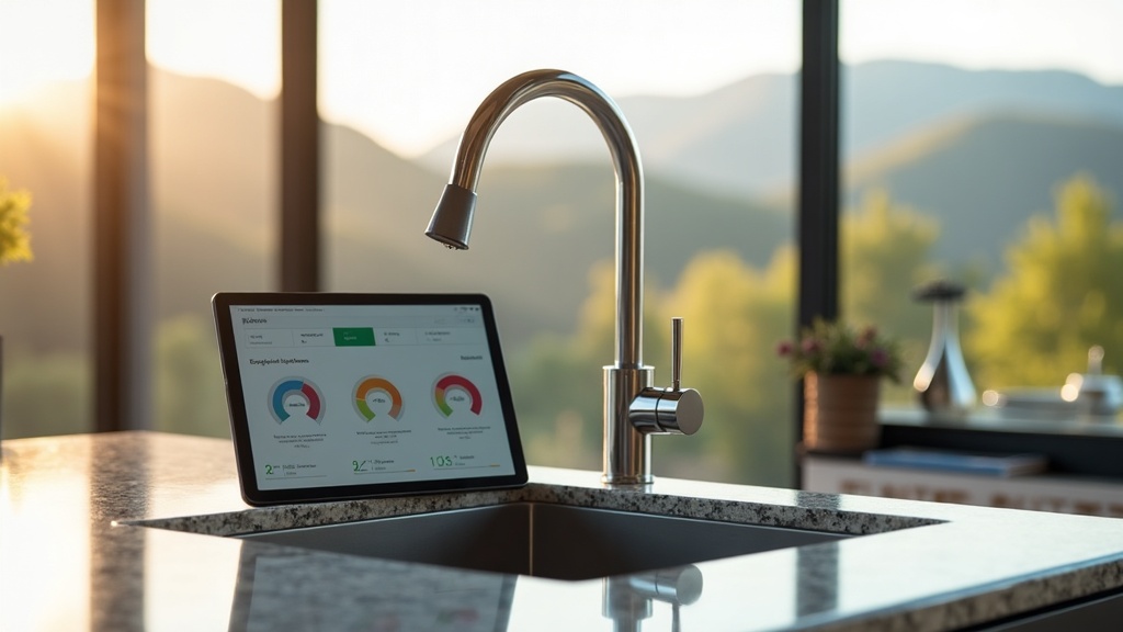 Smart home dashboard on a tablet beside a kitchen faucet running water in a Boise Idaho home