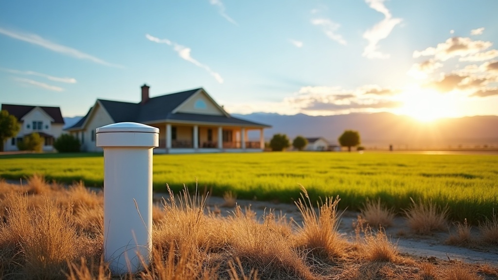 Private well with wellhead cap on a rural residential property near Nampa Idaho with farmland and blue sky in the background