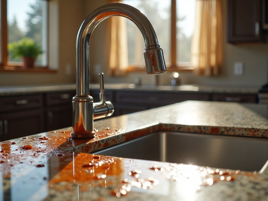 Orange rust staining around a stainless steel faucet in a Boise Idaho home kitchen