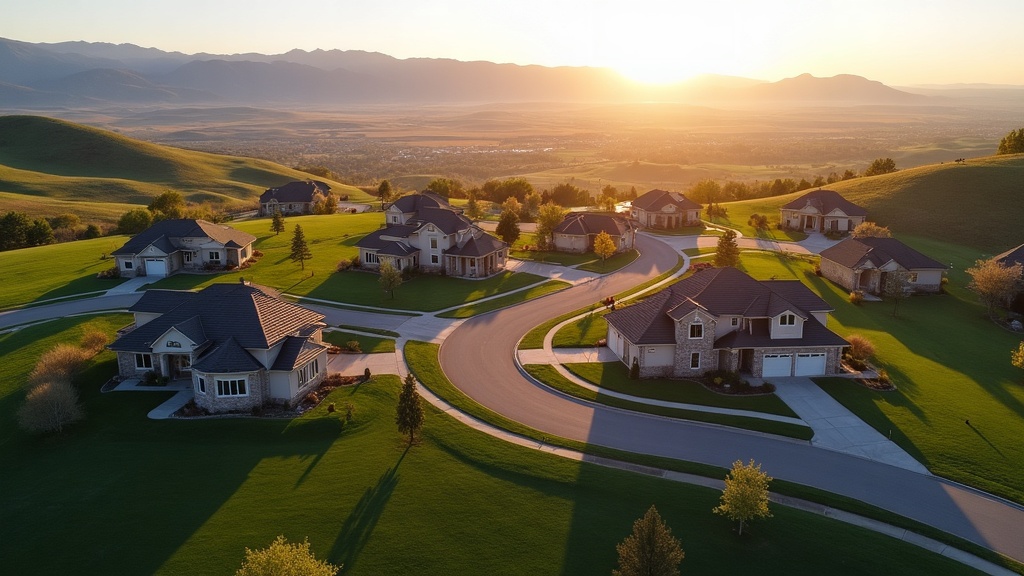 Aerial view of Lakemoor subdivision homes in Eagle, Idaho with Treasure Valley landscape