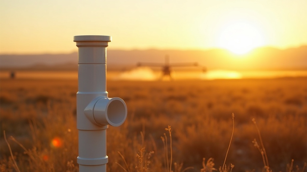 White PVC wellhead casing in Canyon County Idaho agricultural field at golden hour, irrigation pivot in background, Owyhee Mountains on horizon