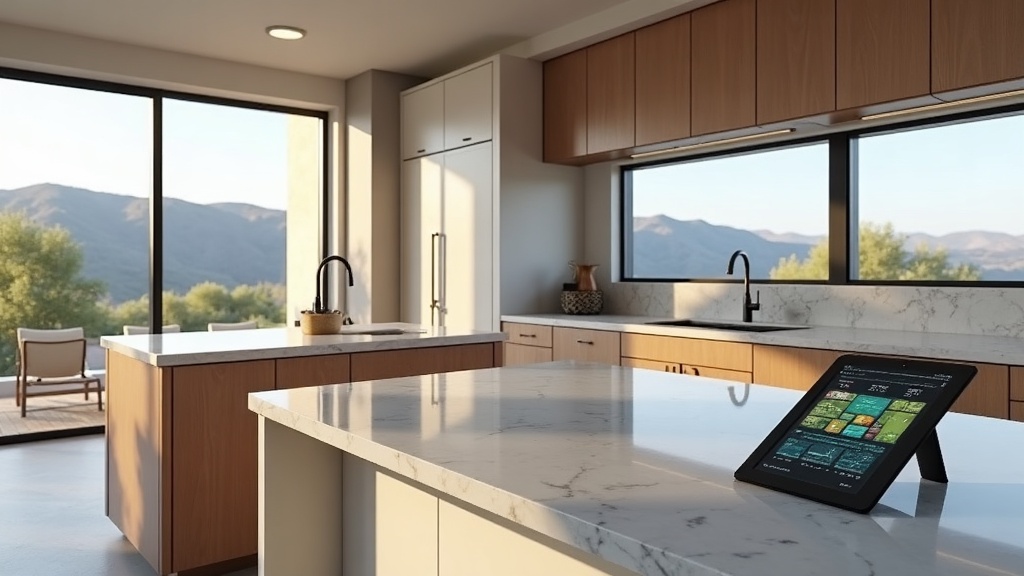 Modern smart home control panel display in a contemporary Boise Idaho home kitchen