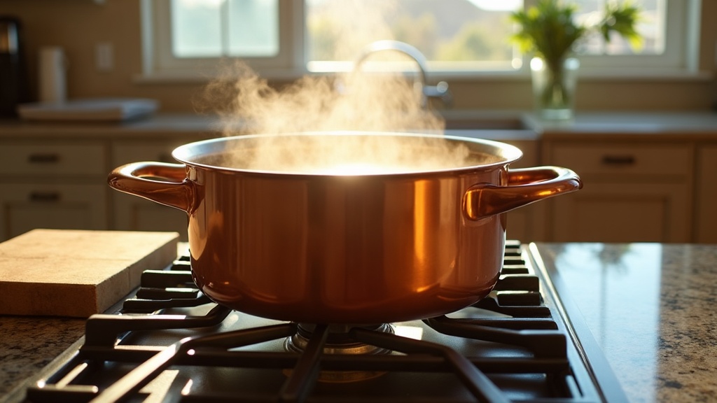 A gleaming stockpot on a modern home kitchen stove in a Boise Idaho home with natural stone countertops