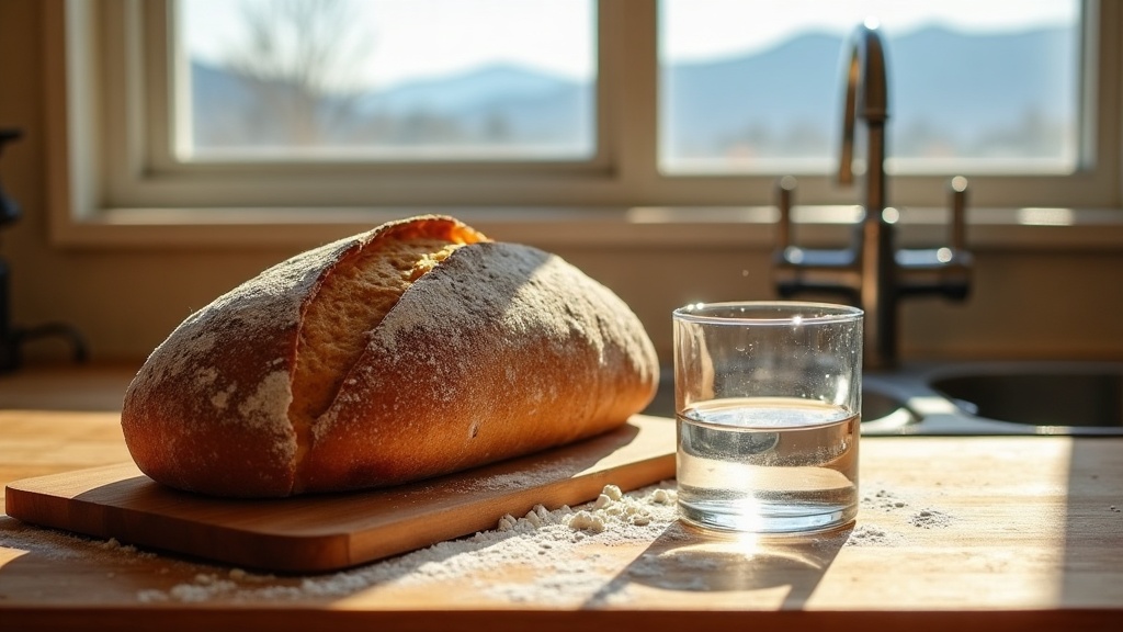 Artisan sourdough loaf on wooden board beside a glass of clear water, Boise Idaho kitchen with mountain light