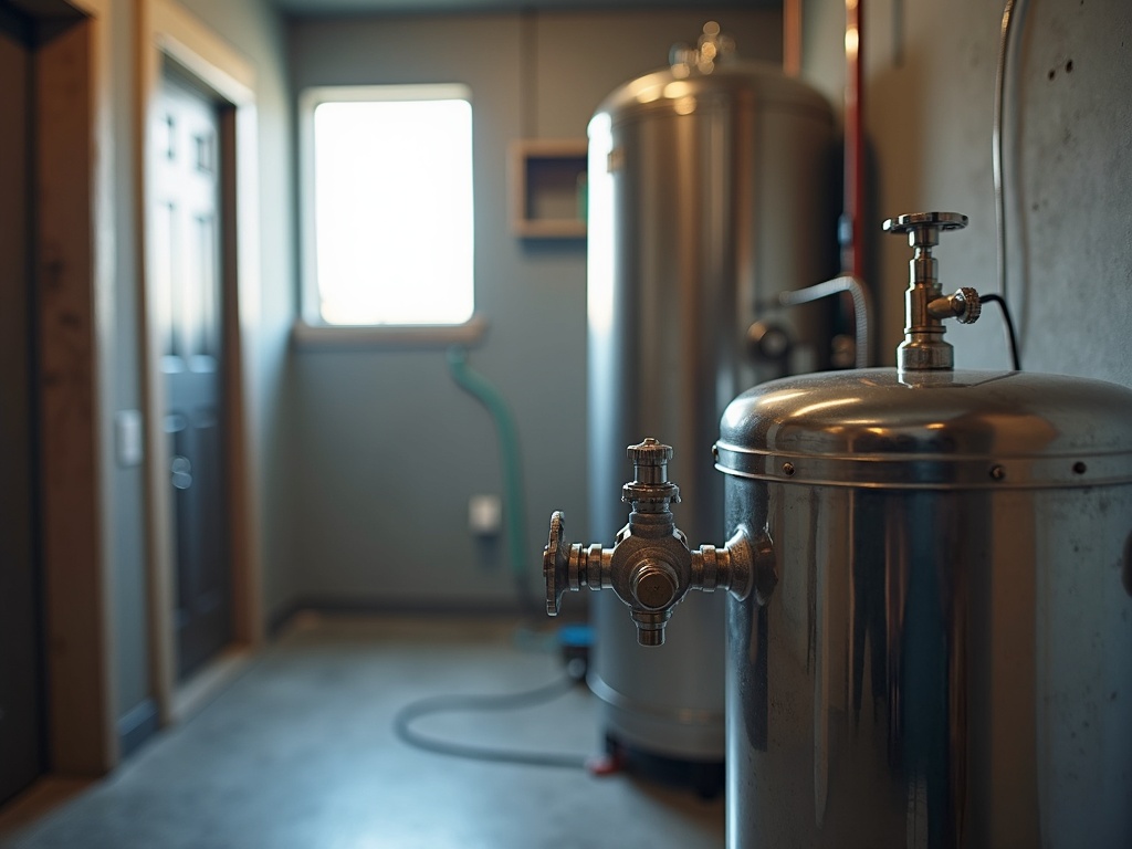 Stainless well water filter and pressure tank in a Canyon County Idaho utility room, no people