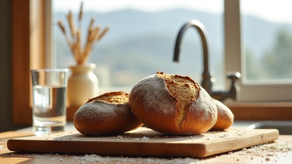 Artisan sourdough bread loaves on wooden cutting board with glass of water and faucet in Boise kitchen
