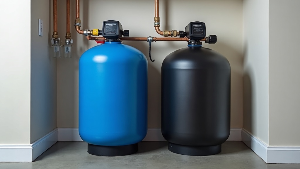 Water softener and iron filter system in an Idaho utility room, clear tubing and stainless tanks, no people