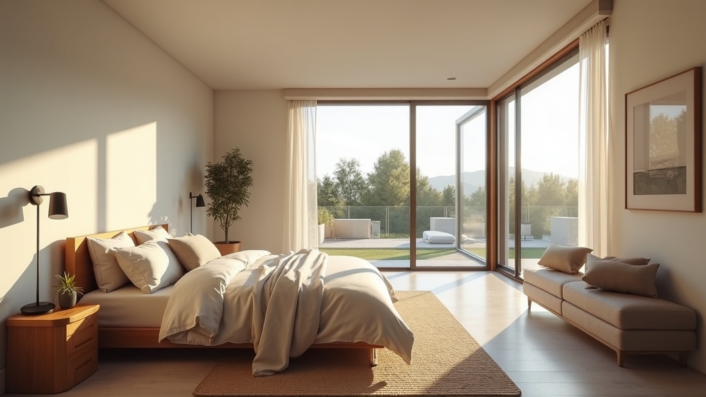 Peaceful bedroom interior in a Boise Idaho home with natural light through large window, no people