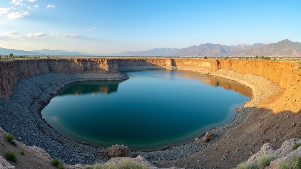Lucky Peak Reservoir near Boise Idaho at low water levels during summer drought, rocky shoreline exposed, clear blue sky, no people, landscape photography