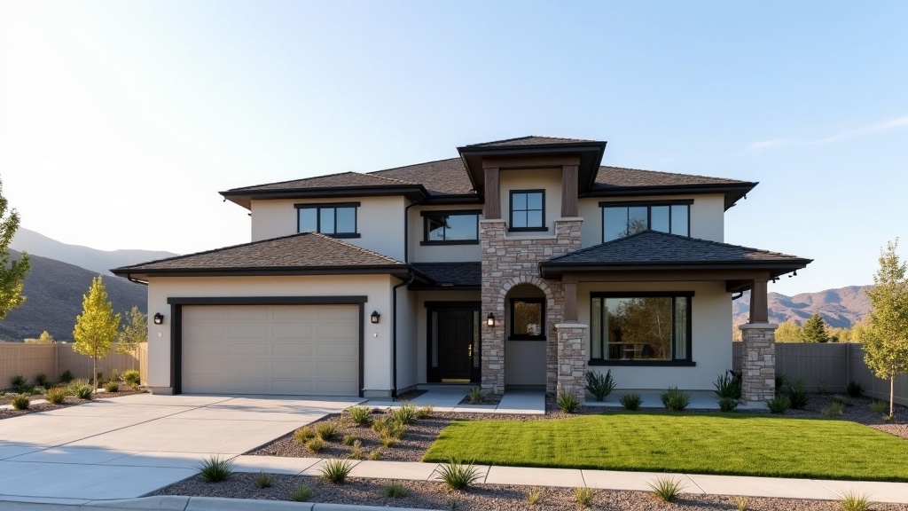New construction Brighton home exterior in Meridian Idaho with mountain backdrop