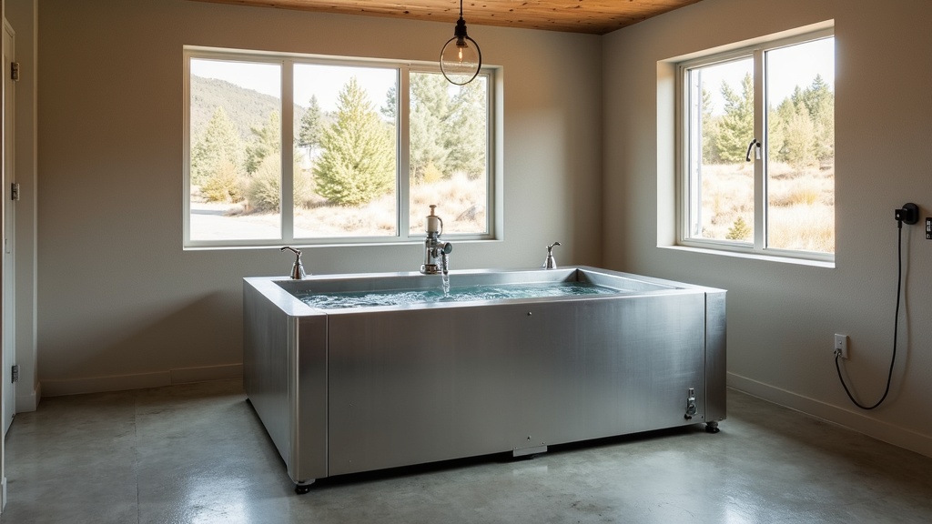Cold plunge tub on a Boise backyard patio with hard water scale buildup