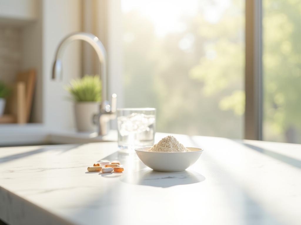 Collagen supplements and a glass of water on a marble countertop in a Boise Idaho kitchen