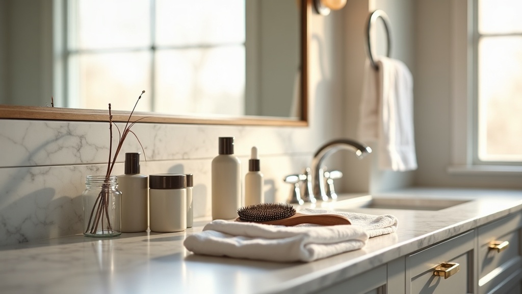 Luxury Idaho bathroom vanity with hair care products and warm morning light