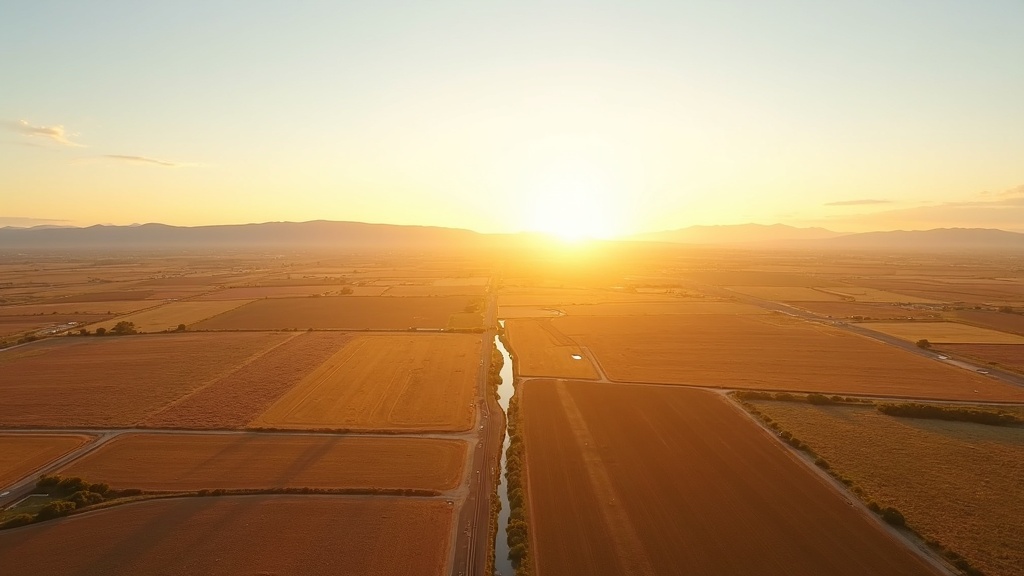Aerial view of the Snake River Plain near Nampa, Idaho with agricultural fields and Owyhee Mountains at golden hour