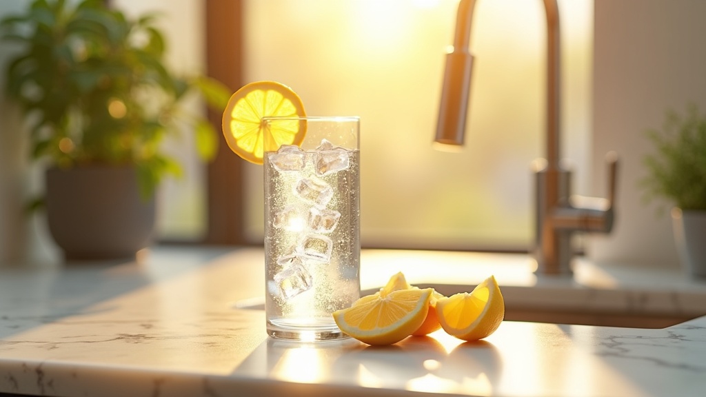 Cold glass of water on a marble kitchen countertop in a Boise Idaho home with morning light