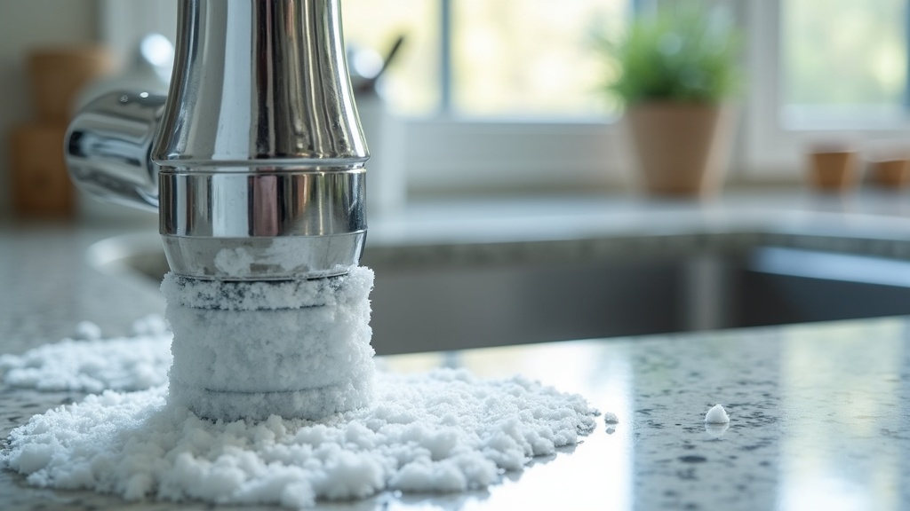 Calcium-scaled chrome faucet in a Boise Idaho home bathroom with white mineral crust around the base and aerator