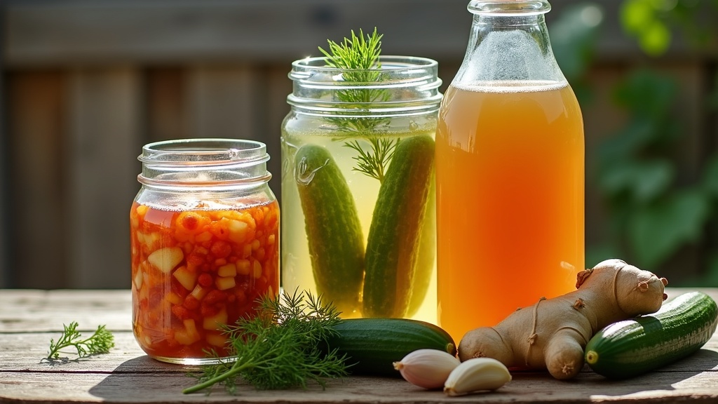 Mason jars of kimchi, kombucha, and dill pickles on a rustic kitchen counter in Boise Idaho