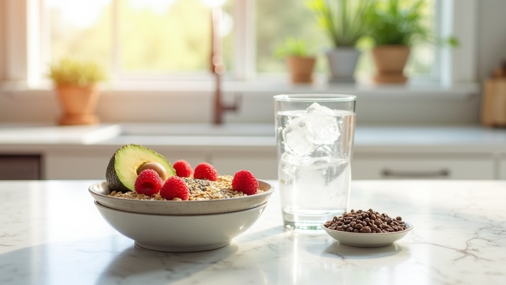 Glass of water next to a bowl of high-fiber foods like oats, seeds, and vegetables on an Idaho kitchen counter