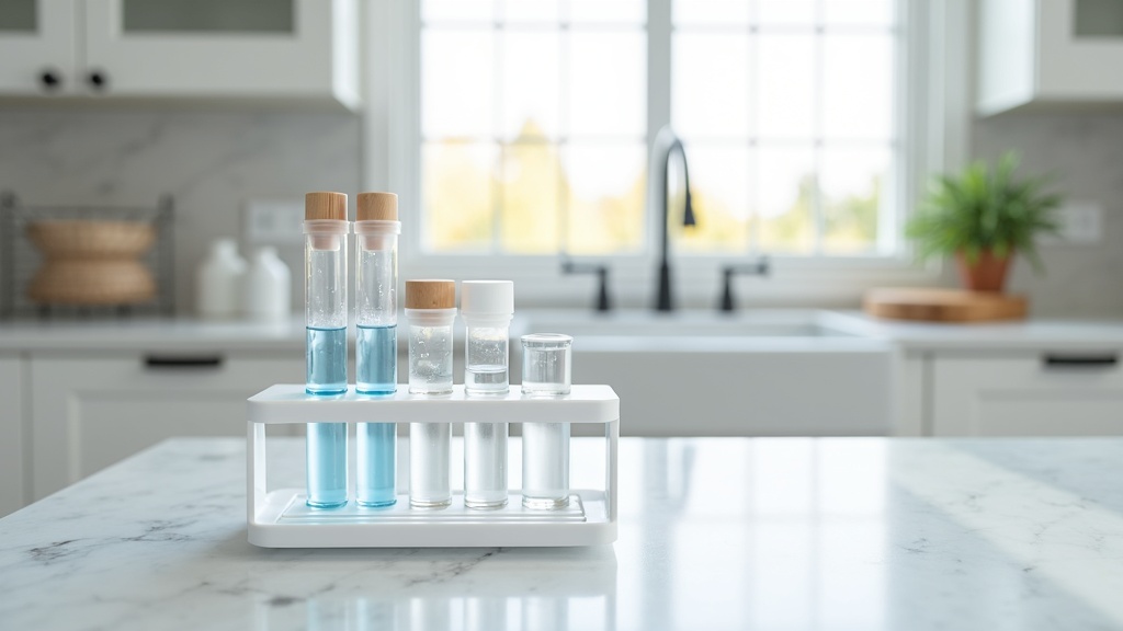 Professional water testing equipment laid out on a Meridian Idaho kitchen counter, no people