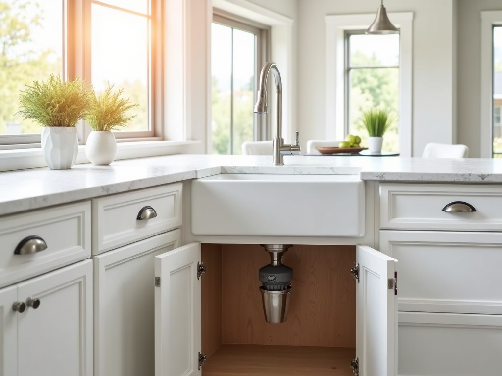 Stainless garbage disposal unit under a Boise Idaho kitchen sink, white shaker cabinets, marble countertop above