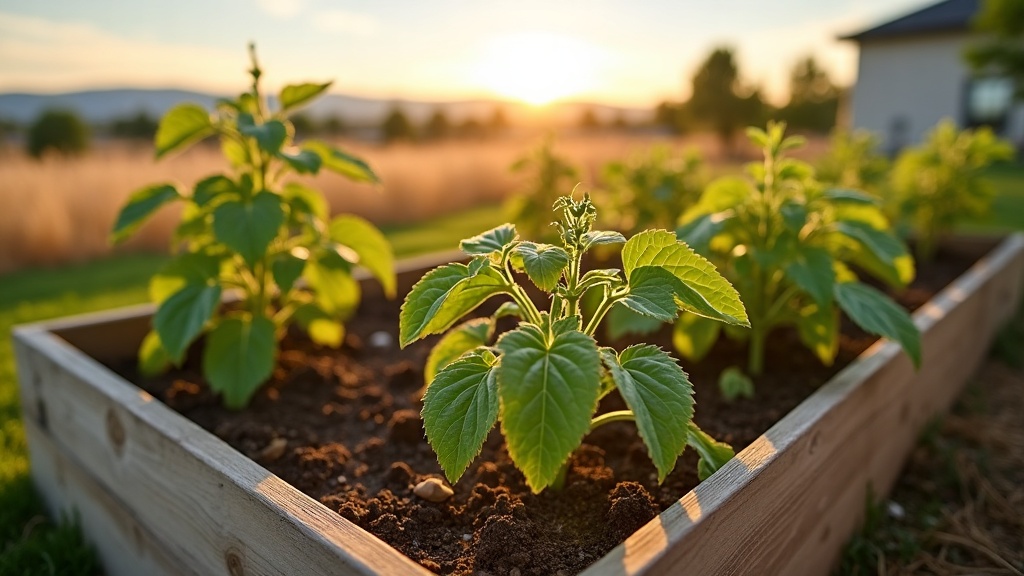 Raised garden beds in Meridian Idaho showing yellowed tomato leaves in July drought conditions, no people