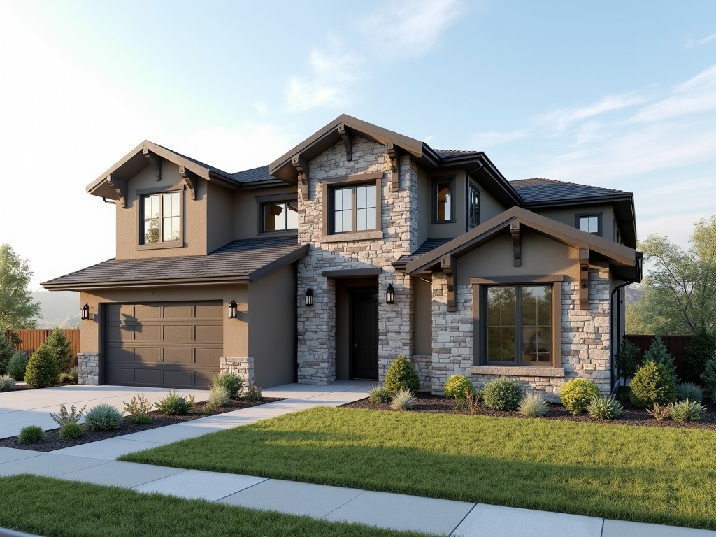 Modern new construction home in Meridian Idaho with stone accents and bright afternoon sunlight, representing Hayden Homes water quality in the Treasure Valley