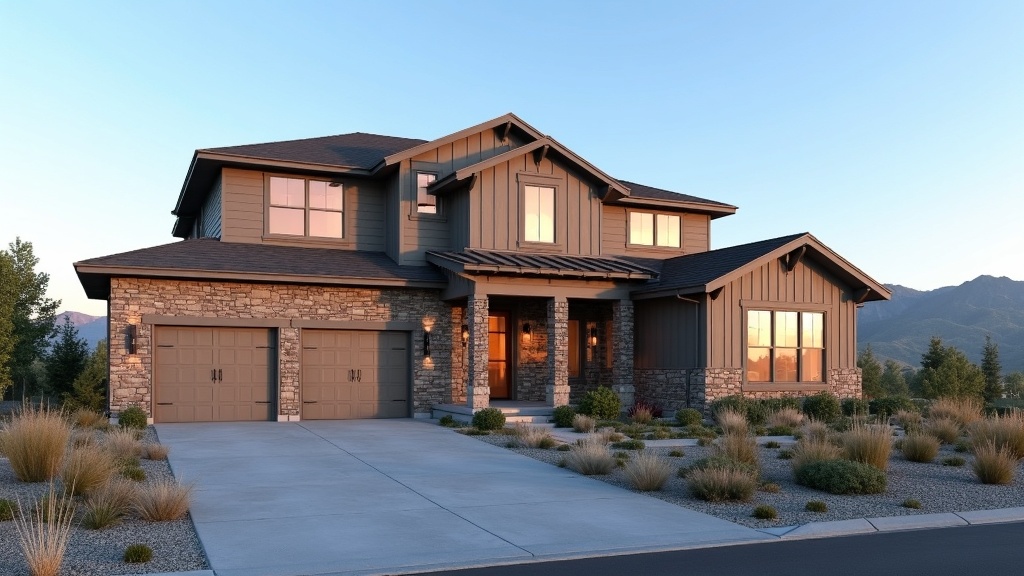 New construction craftsman home exterior in Meridian Idaho with stone accents and mountain backdrop