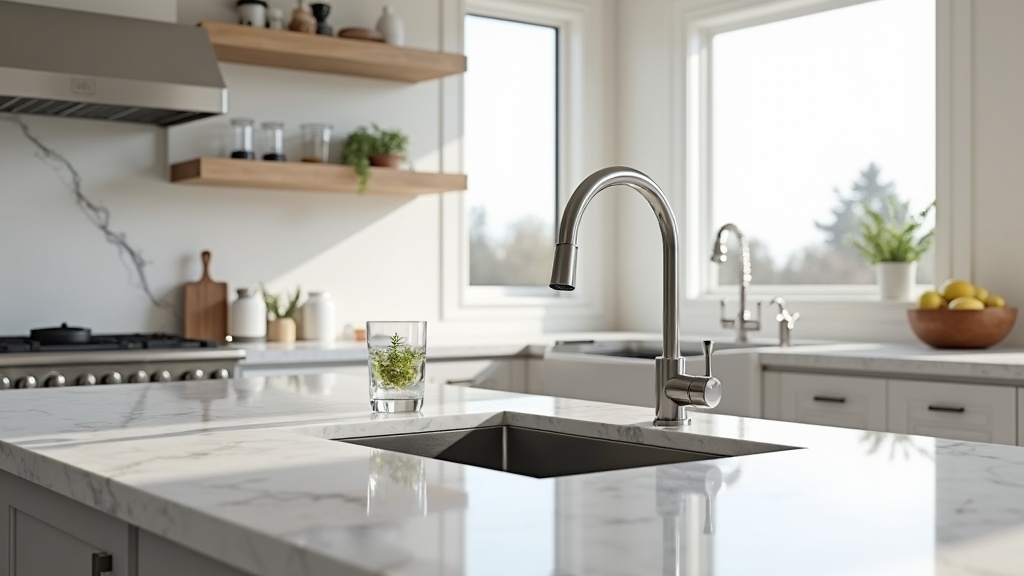 Modern Boise Idaho kitchen with water glass and mineral supplements on marble counter