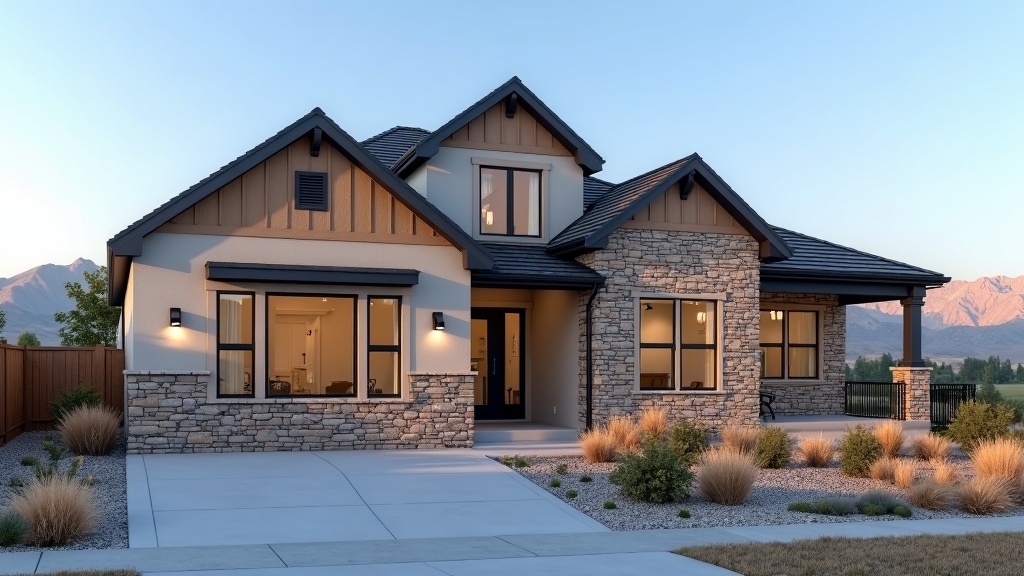 Luxury new construction home in Meridian Idaho with stone accents and mountain backdrop