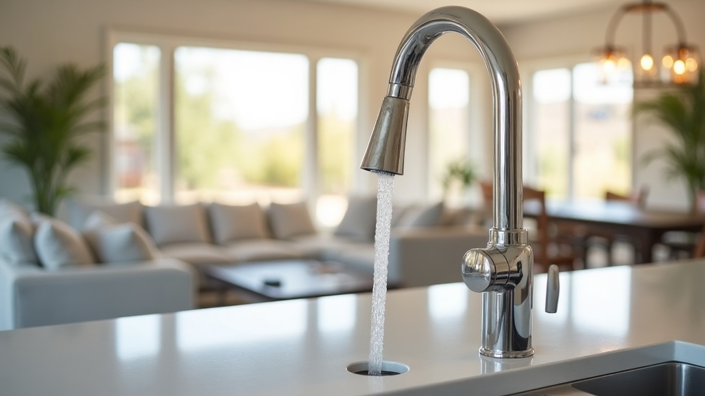 New construction home interior in Meridian Idaho with chrome kitchen faucet and clear water, move-in ready