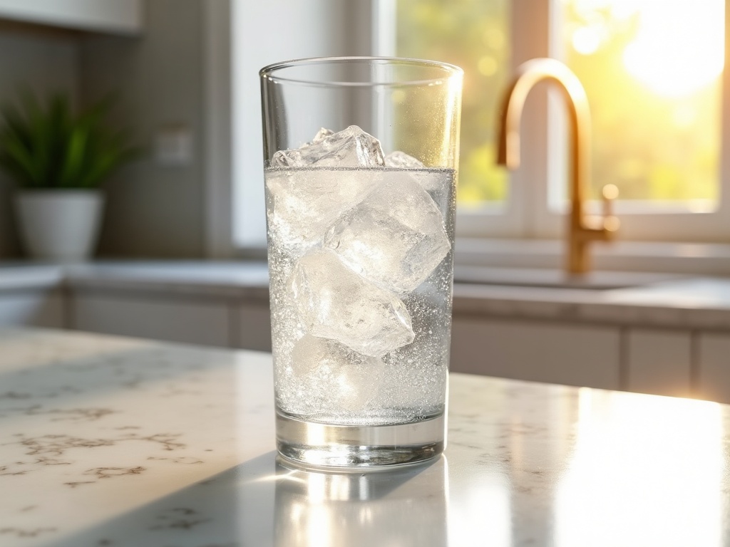 Clear glass of water with ice on marble countertop in a modern Boise Idaho kitchen, morning light