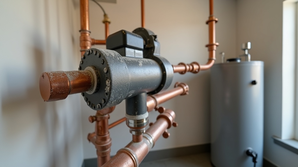 Close-up of a recirculating pump with mineral scale buildup in a Boise Idaho utility room, no people, professional product photography