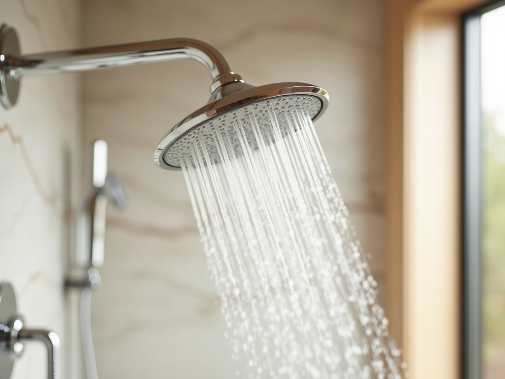 Modern luxury Idaho bathroom shower head with white calcium mineral deposits from hard water buildup