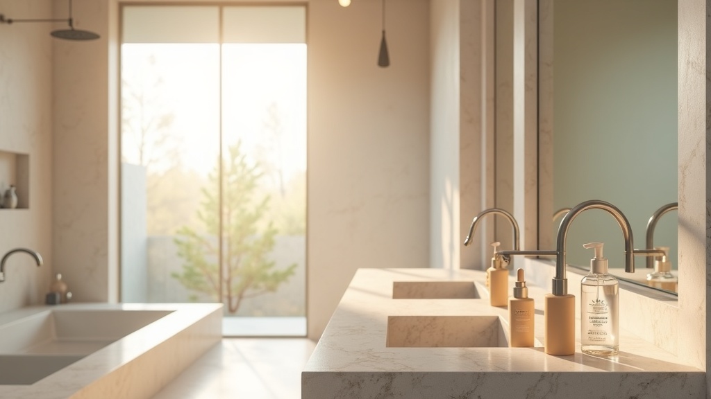 Modern bathroom countertop in a Boise Idaho home with skincare products in morning light, no people