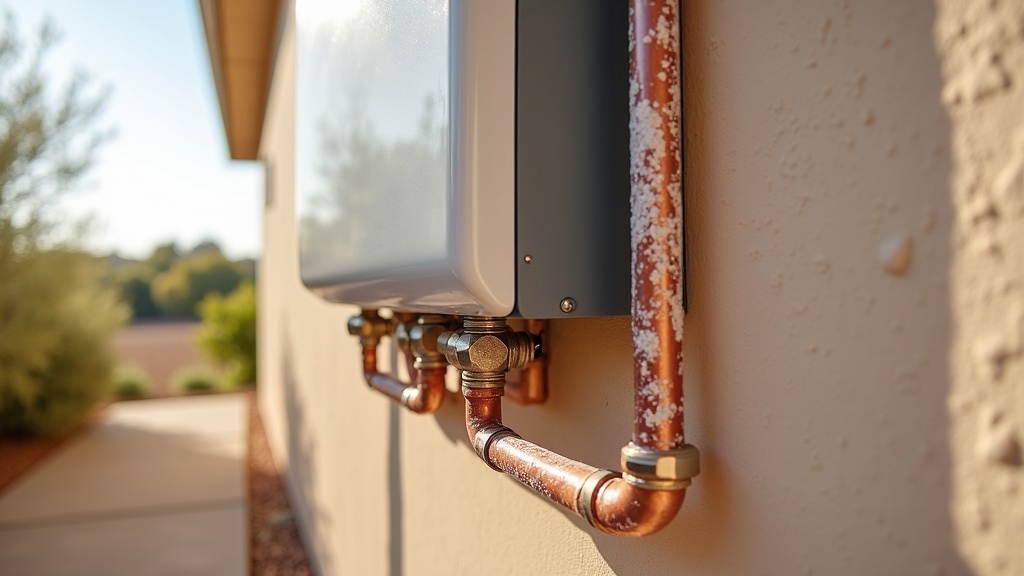 White calcium scale deposits coating the inlet connections of a tankless water heater mounted on an exterior wall in Boise, Idaho