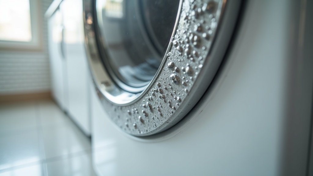 Close-up of mineral scale buildup on washing machine door gasket in a Meridian Idaho home
