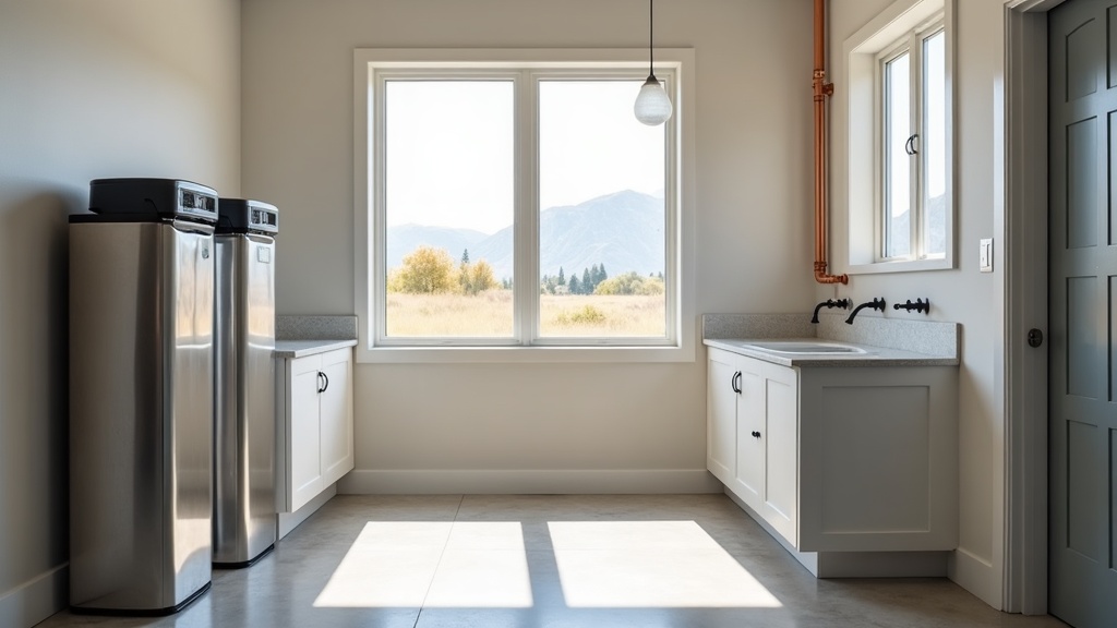 Water softener tank installed in a clean utility room of a Meridian Idaho home