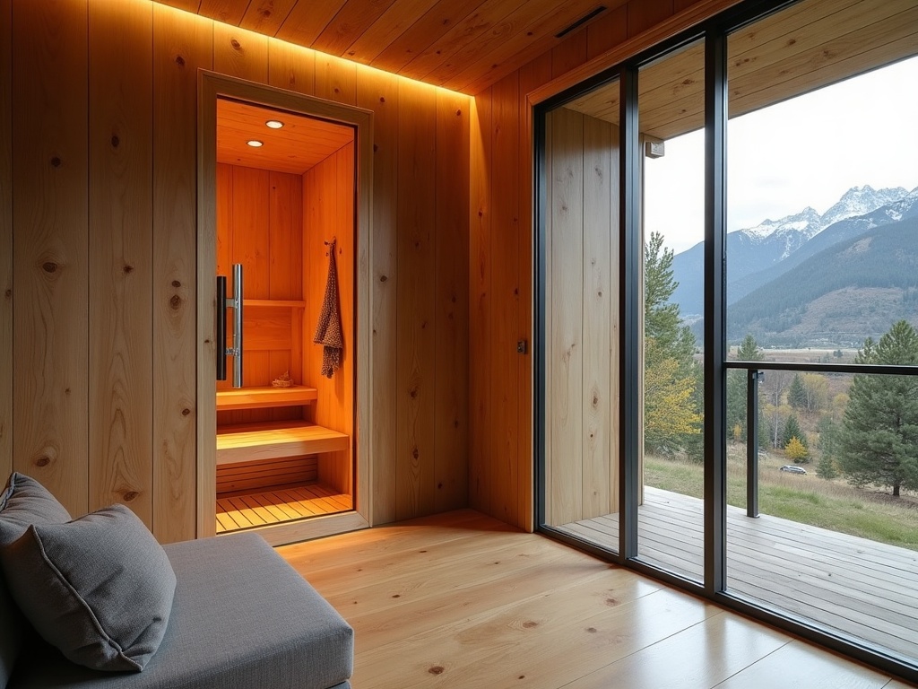 Infrared sauna wellness room in a Boise Idaho home with cedar panels and warm lighting