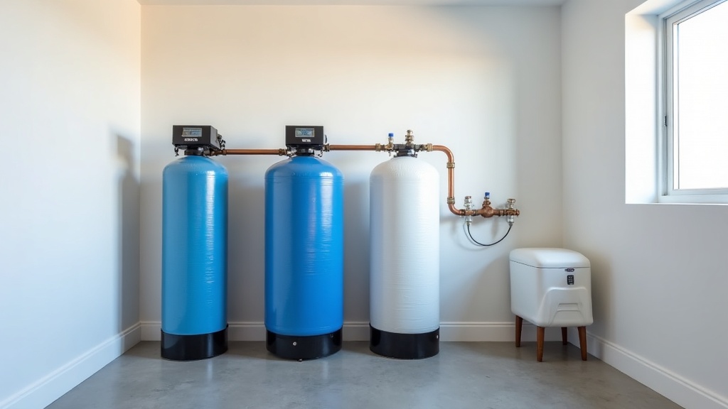 Salt-based water softener system with mineral and brine tanks in an Eagle Idaho home utility room