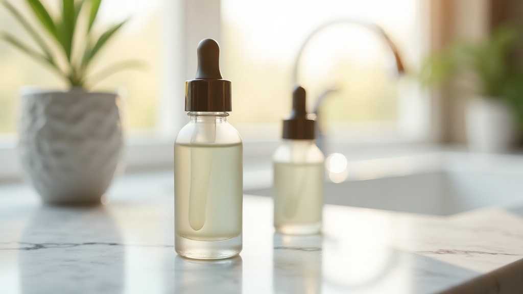 Close-up of premium skincare serum bottles on a marble bathroom counter in a Boise Idaho home
